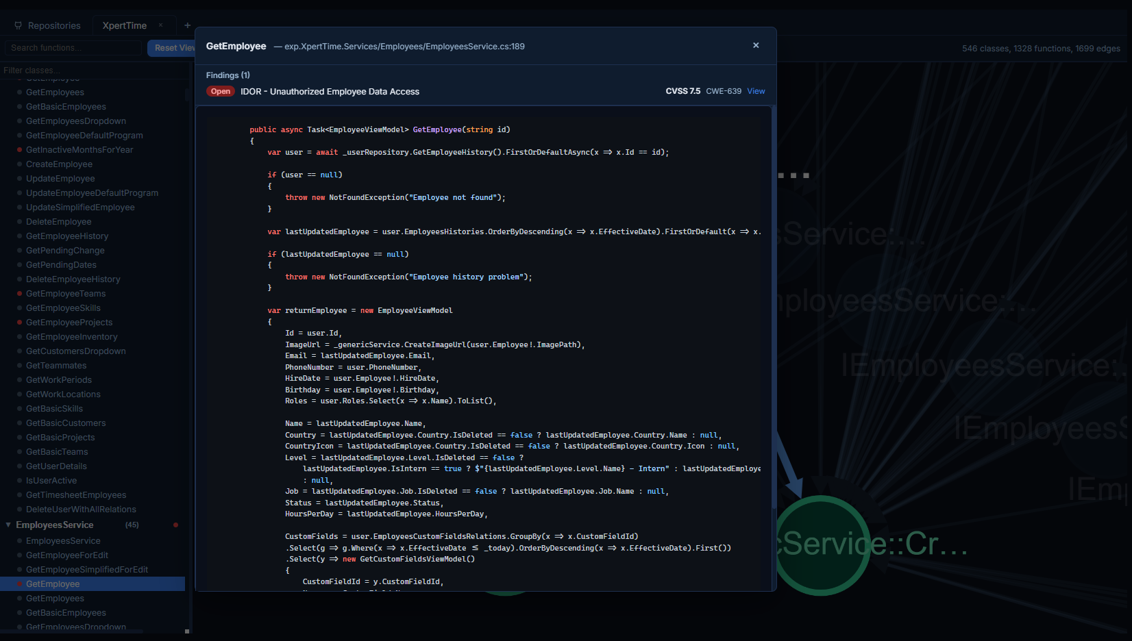 Pragma Core Code Map - vulnerability overlays with color-coded finding status on graph nodes
